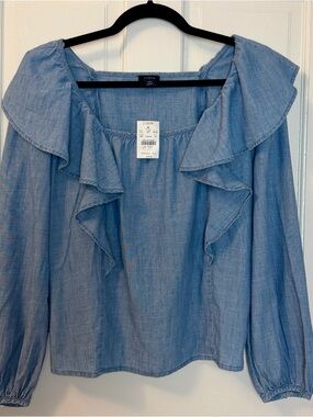 NWT J Crew Women’s Chambray Ruffle Top With Wide Ruffle and Square Neckline, XS